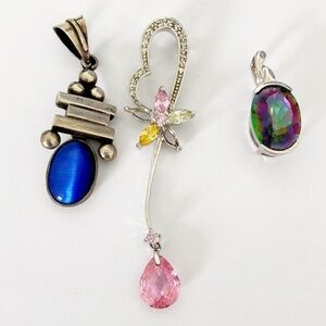 Lot of 3 sterling silver cz / glass stone pendants- blue cats eye, mystic topaz